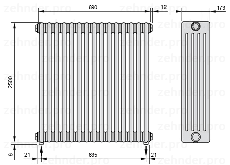 Схема (чертеж) Радиатор Zehnder Charleston 5250/15 №5310 Белый глянцевый RAL 9016